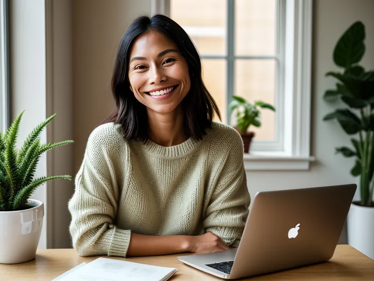 Solopreneurin zufrieden nach fertig geschriebenen Jimdo Website-Texten am Laptop