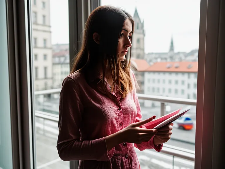 Korrigierter Website-Text-Entwurf in der Hand, im Hintergrund ein Fenster mit Blick auf München