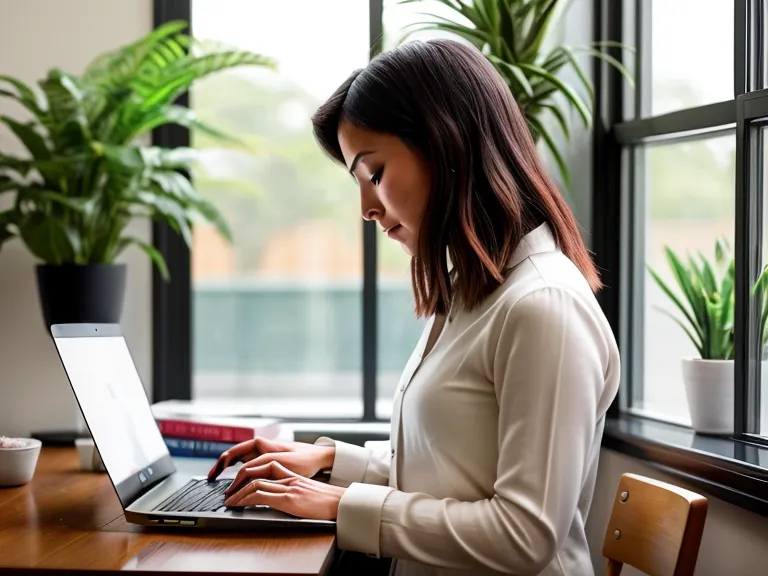 Solopreneurin schreibt konzentriert an ihrer neuen Über-mich-Seite und weiteren Website-Texten.